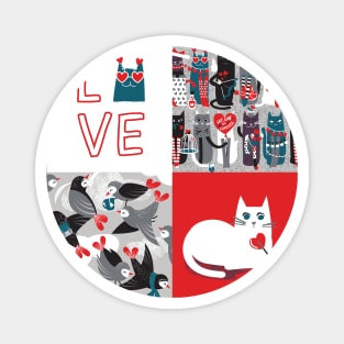 I love you meow and fur-ever PATCHWORK // grey green white purple beet and black cats red Valentine's Day motifs Magnet